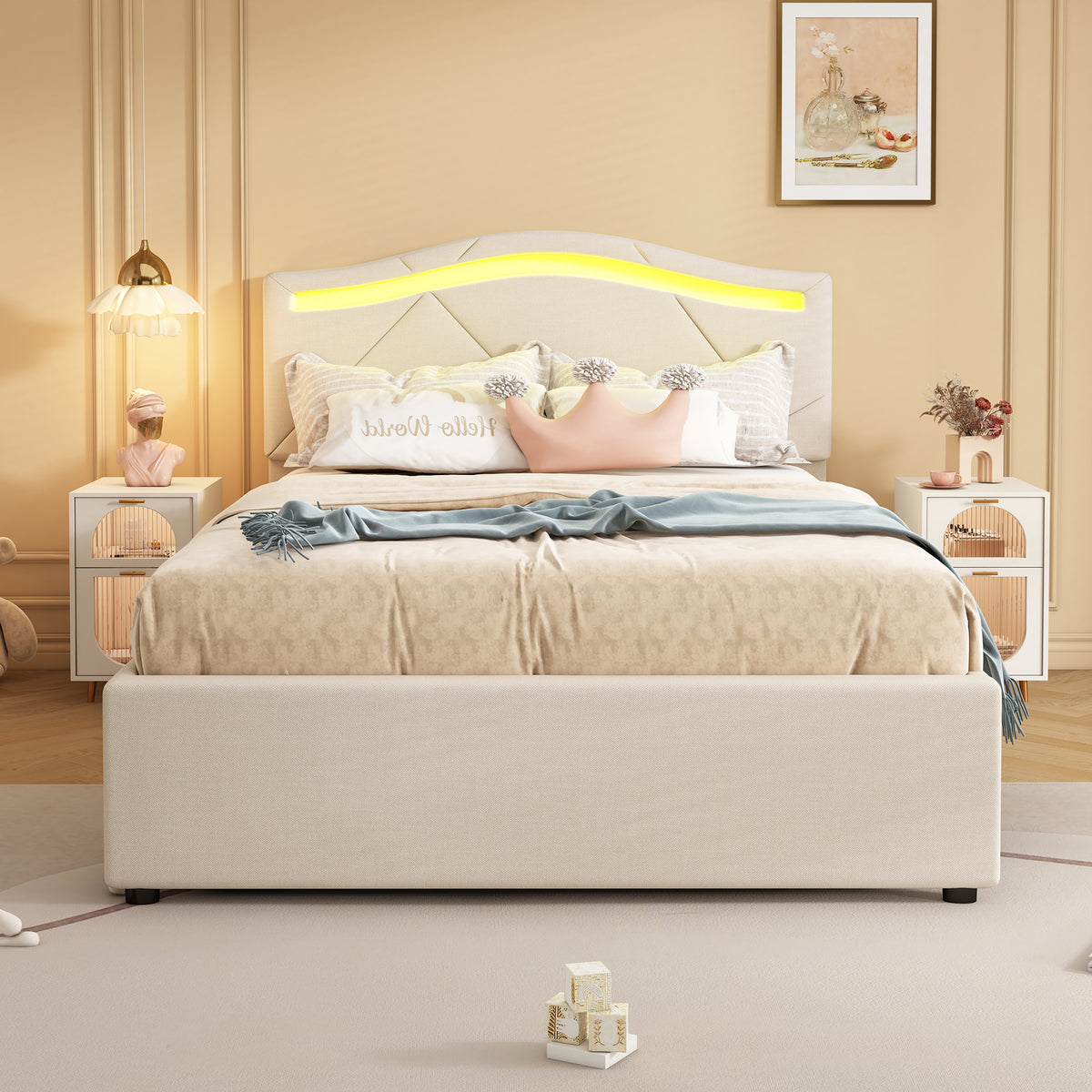 Upholstered Bed 90x200 with LED & 2 Drawers, Beige Linen