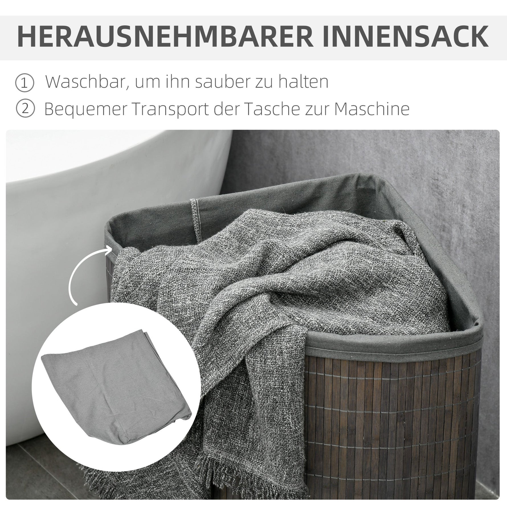 Laundry Basket 55L with Lid and Removable Bag, Grey Bamboo