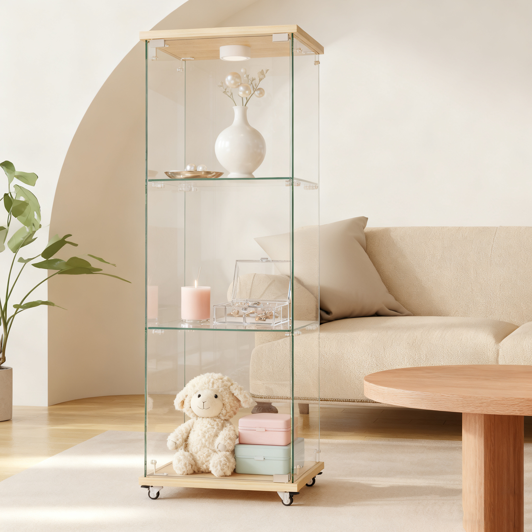 Display Cabinet Modern LED Tempered Glass Single Door 3-Tier - Natural Wood Look