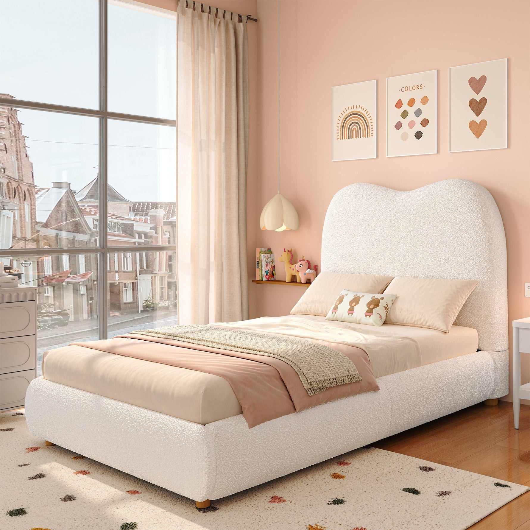 Upholstered Children's Single Bed with Hydraulic Storage and Slatted Frame, 90x200cm, Beige Bouclé