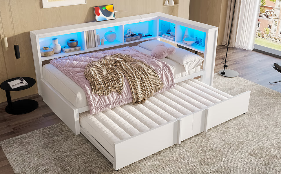 Metal Daybed 90x200cm Pull-out Bed Storage Cabinets LED USB White
