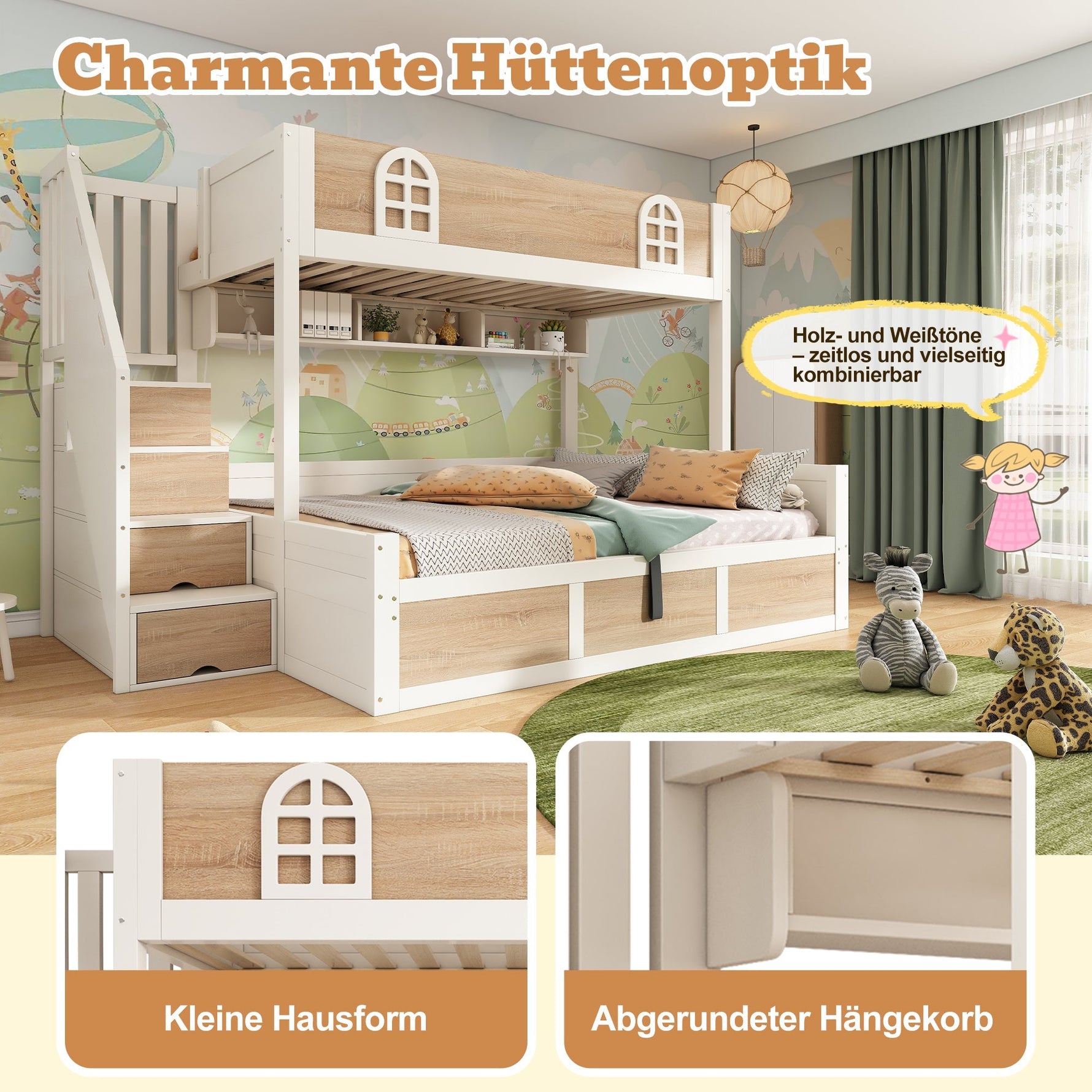 Children's Bunk Bed with Hydraulic Storage and Staircase Wardrobe, 90x200 and 140x200 cm, White and Natural Wood