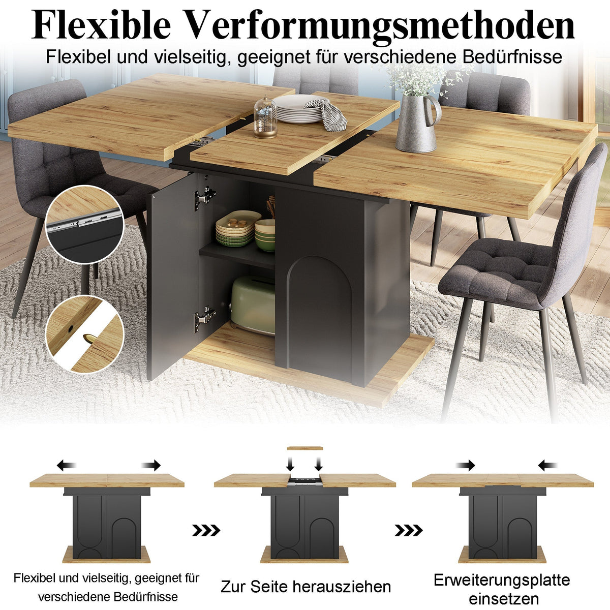 Telescopic Dining Table 110-140x80cm Extendable Foldable Storage Cabinet