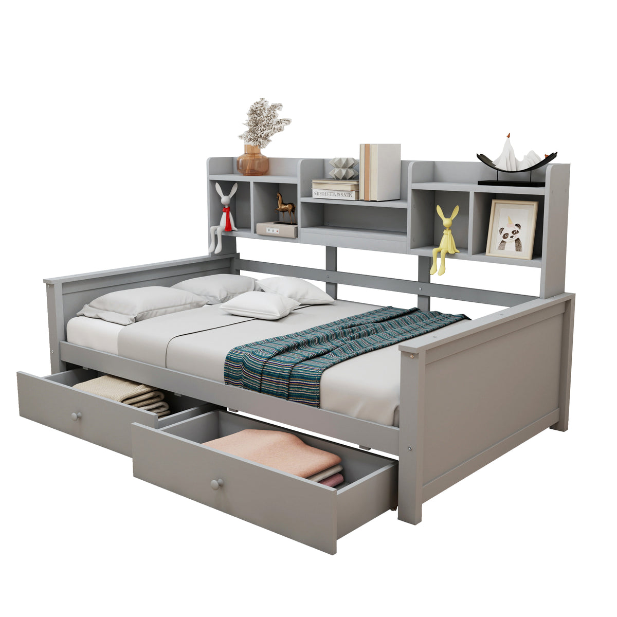 Sofa Bed 90x200 with Drawers & Shelves, Solid Wood Grey