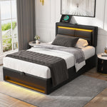 Upholstered Bed 90x200cm USB Charging LED Storage - Black PU Lychee