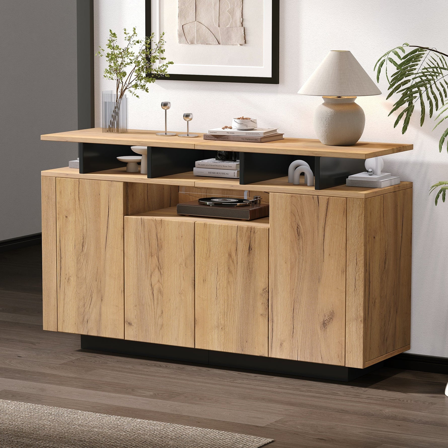 Sideboard Chest of Drawers with 4 Doors and 3 Open Compartments, Natural