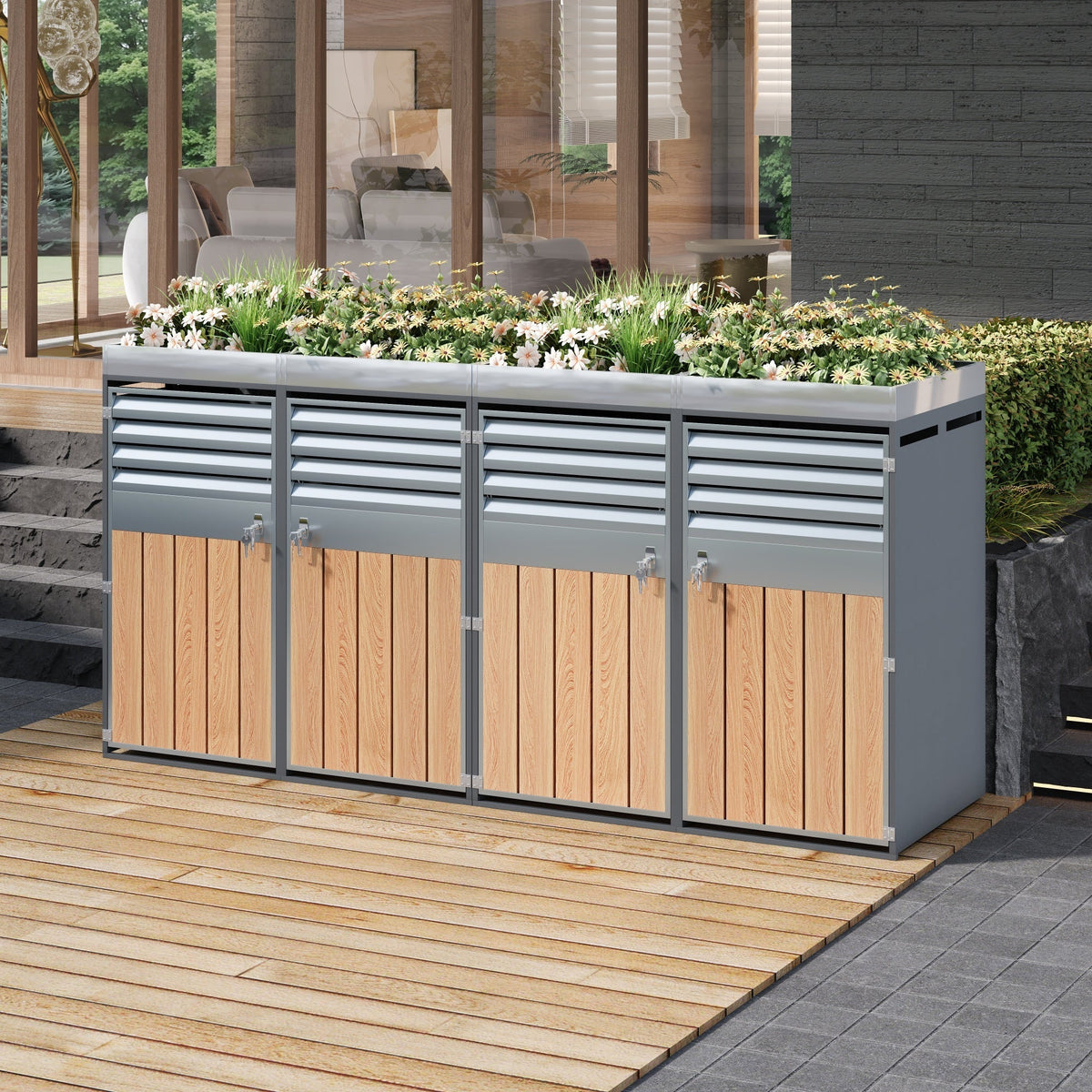 Garbage Can Enclosure with Ventilated Louvers, Lockable Four Doors and Planting Area, Galvanized Steel