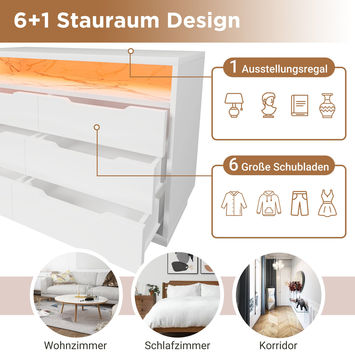 Sideboard Chest of Drawers LED 6 Drawers Marble Storage, White