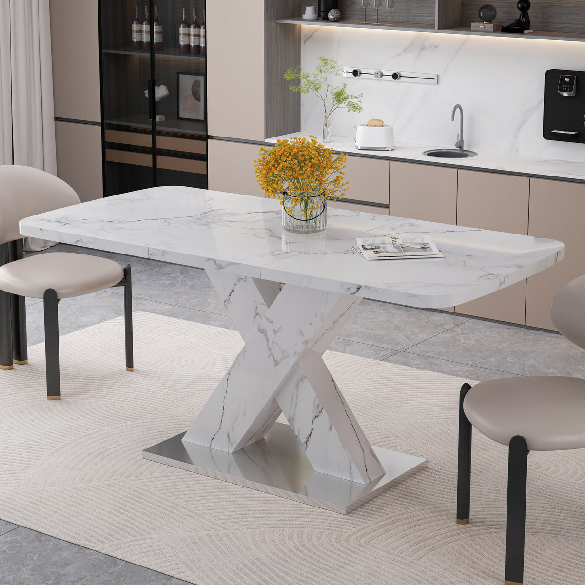Dining Table 120-160CM Stretchable Modern Rectangle Marble Top, White/MDF/Metal Base