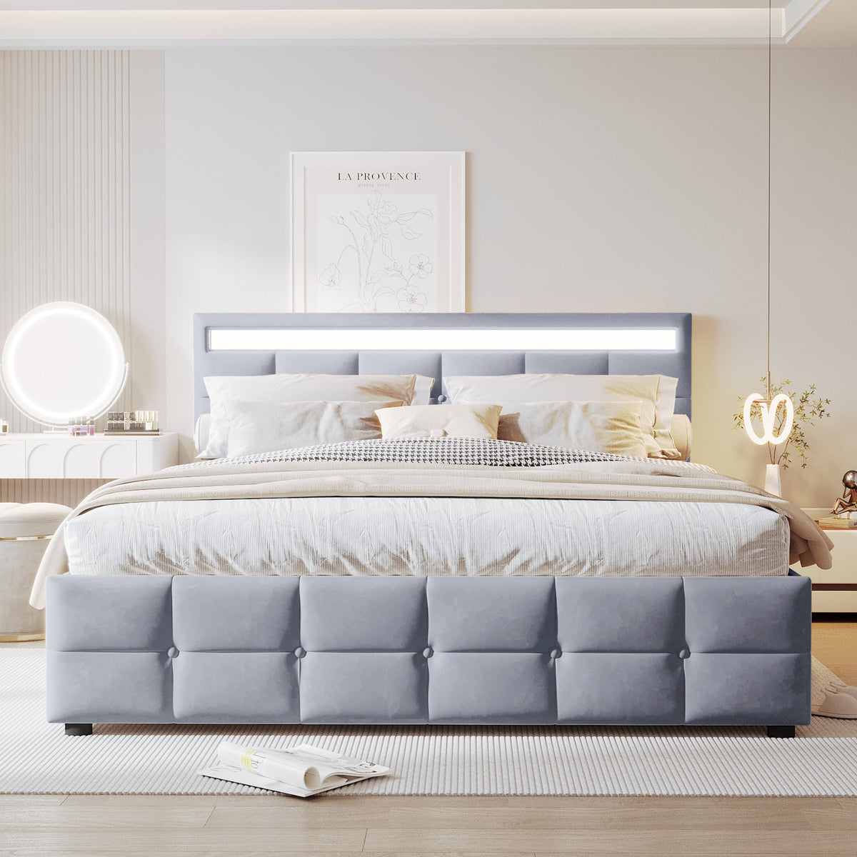 Upholstered Bed with LED Lights, Slatted Frame, Hydraulic, Dutch Velvet Fabric, Grey
