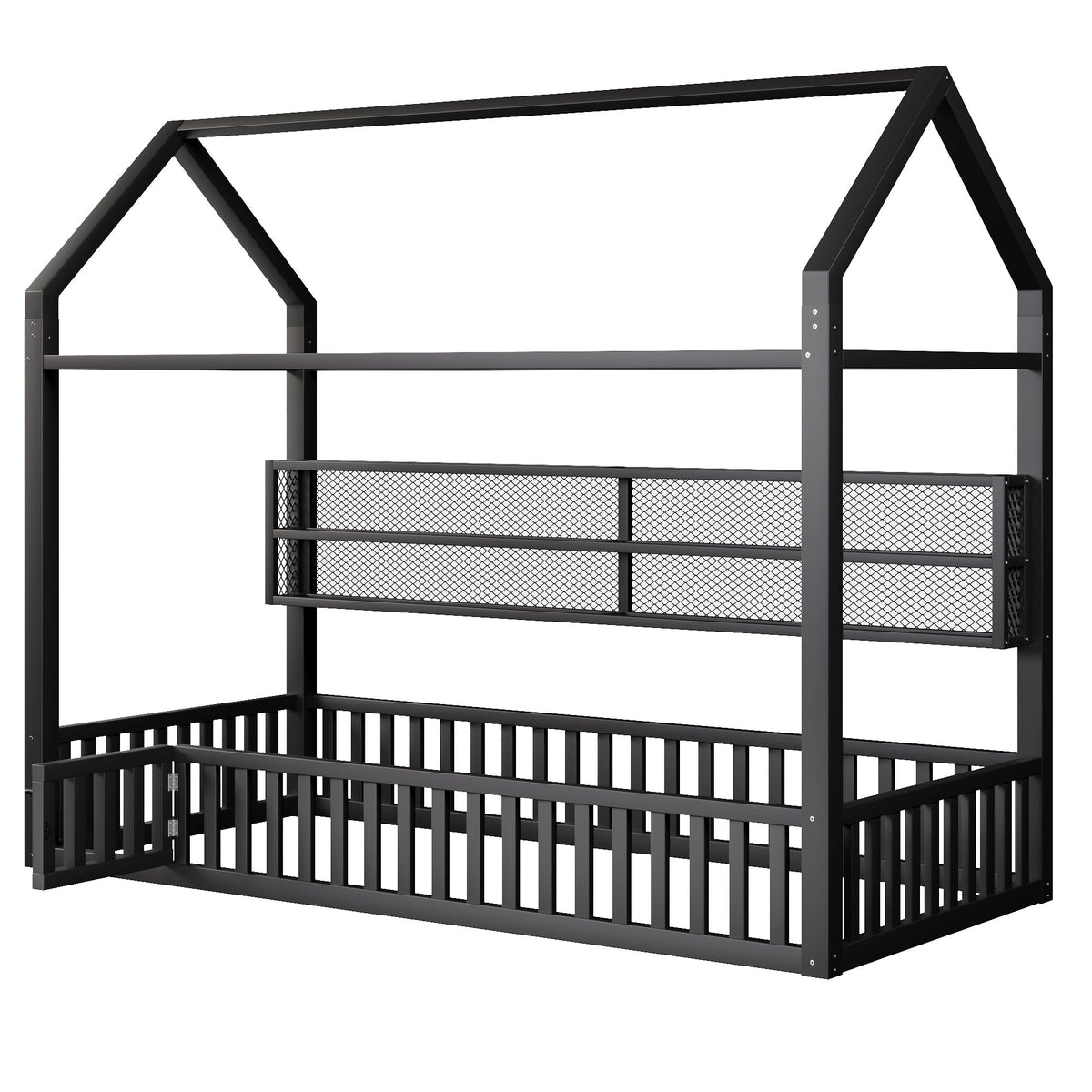 House-shaped Platform Bed 90x200 with Fence LED Lighting Black