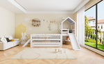 House Bunk Bed with Slide, Trundle & Drawers, White Solid Wood