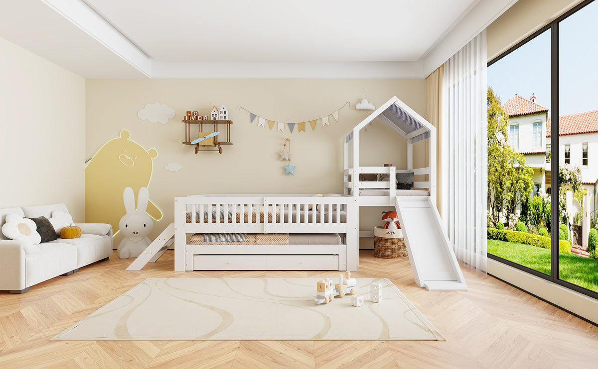 House Bunk Bed with Slide, Trundle & Drawers, White Solid Wood