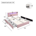 Children's Upholstered Bed 140x200cm with 4 Drawers & LED, Pink