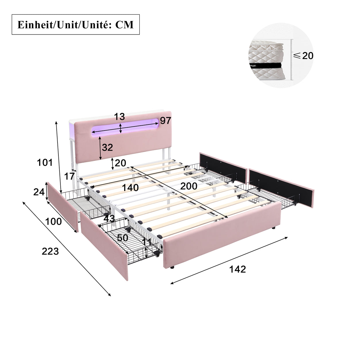 Children's Upholstered Bed 140x200cm with 4 Drawers & LED, Pink