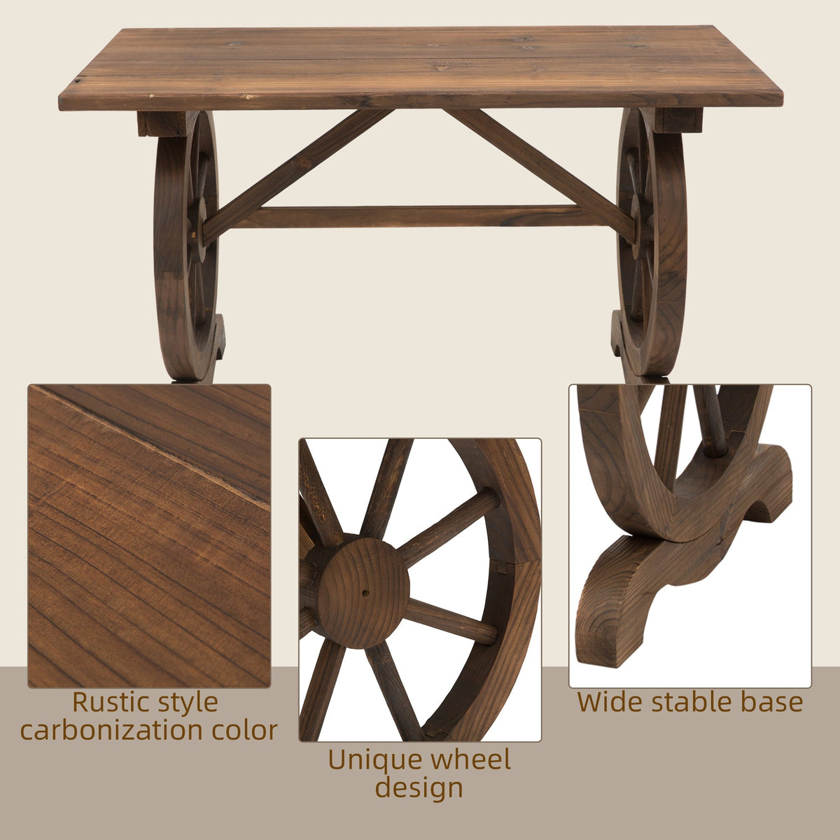 Garden Table, Wheeled Design Weather-Resistant 113 x 60 x 65 cm, Solid Wood Natural Finish