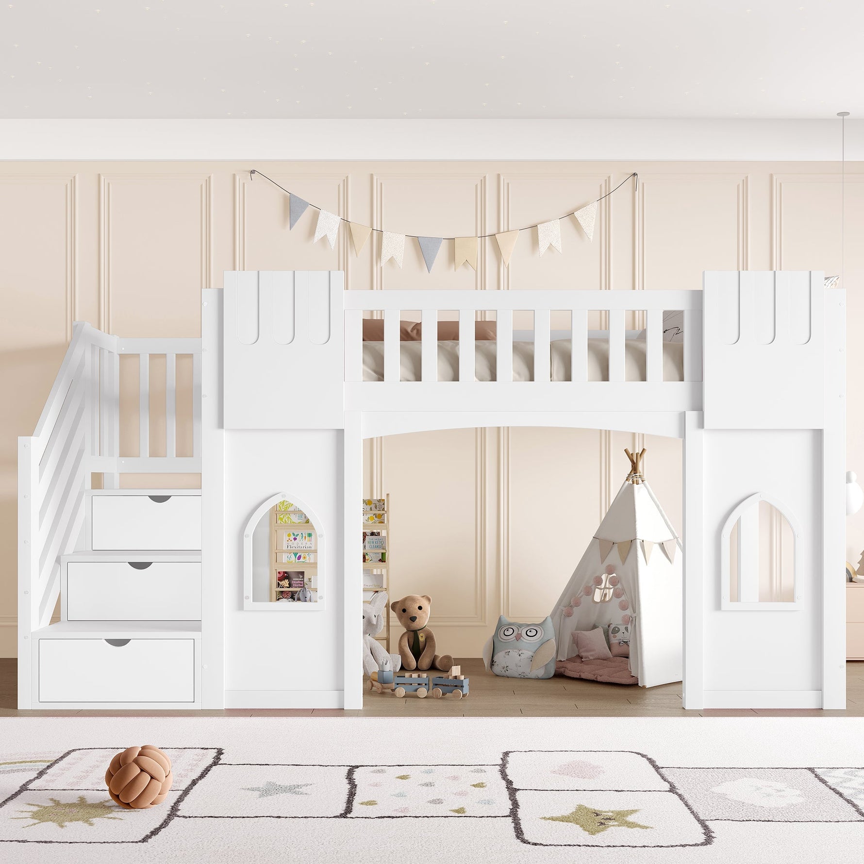 Loft Bed with Storage Stairs and Window, 90x200cm, White Pine Wood + MDF