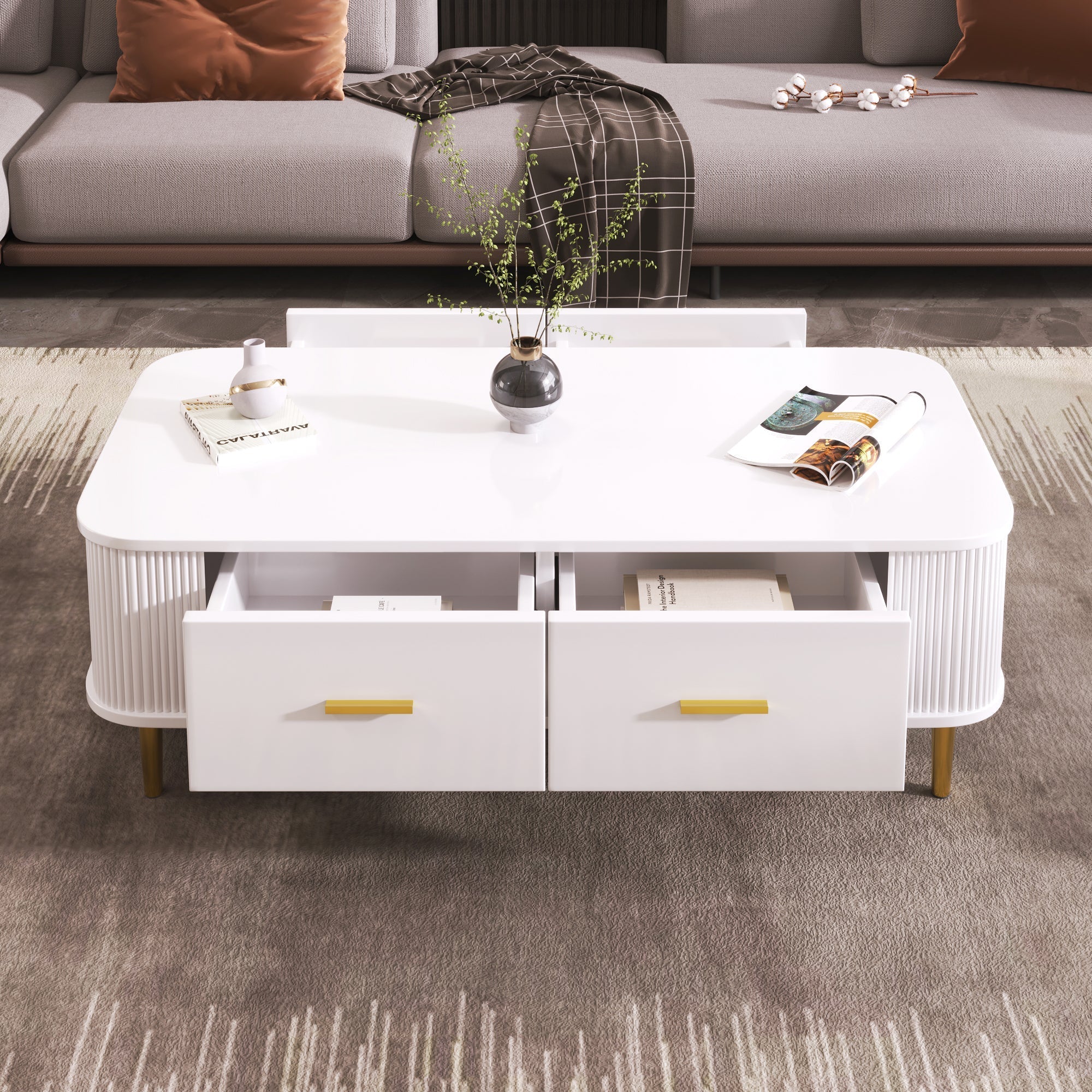 Coffee Table with Drawers, Curved Corners, Wavy Sides, Gold