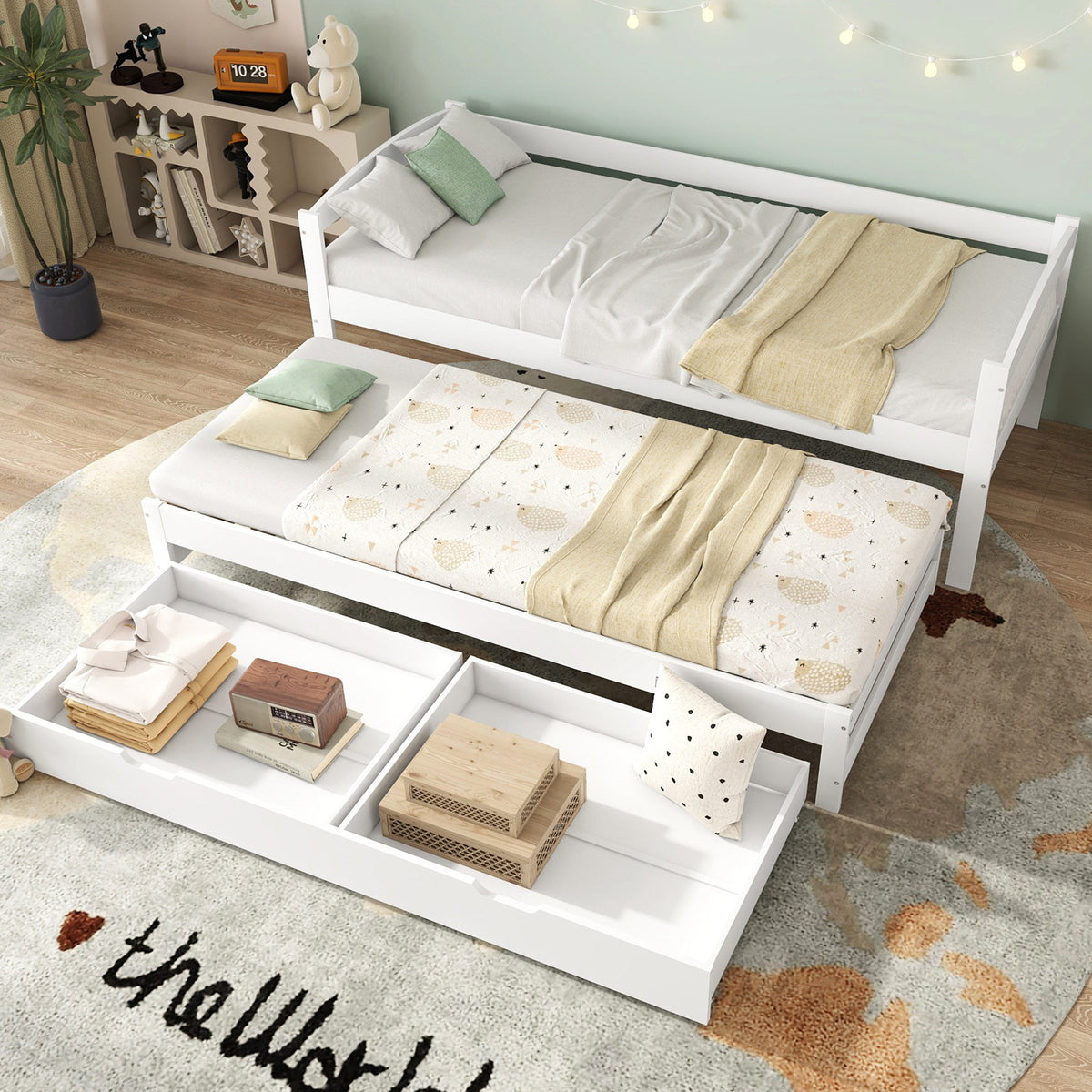 Daybed 90x200cm with Trundle & 2 Drawers, White Solid Wood