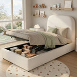 Upholstered Bed, 90x200cm Single Children's Bed with Hydraulic Storage and Slatted Base, Beige Bouclé