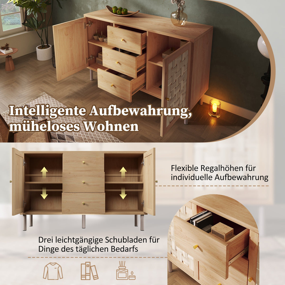 Country-style Chest of Drawers, 120x40x75 cm with 2 Doors and 3 Drawers, Oak-colored