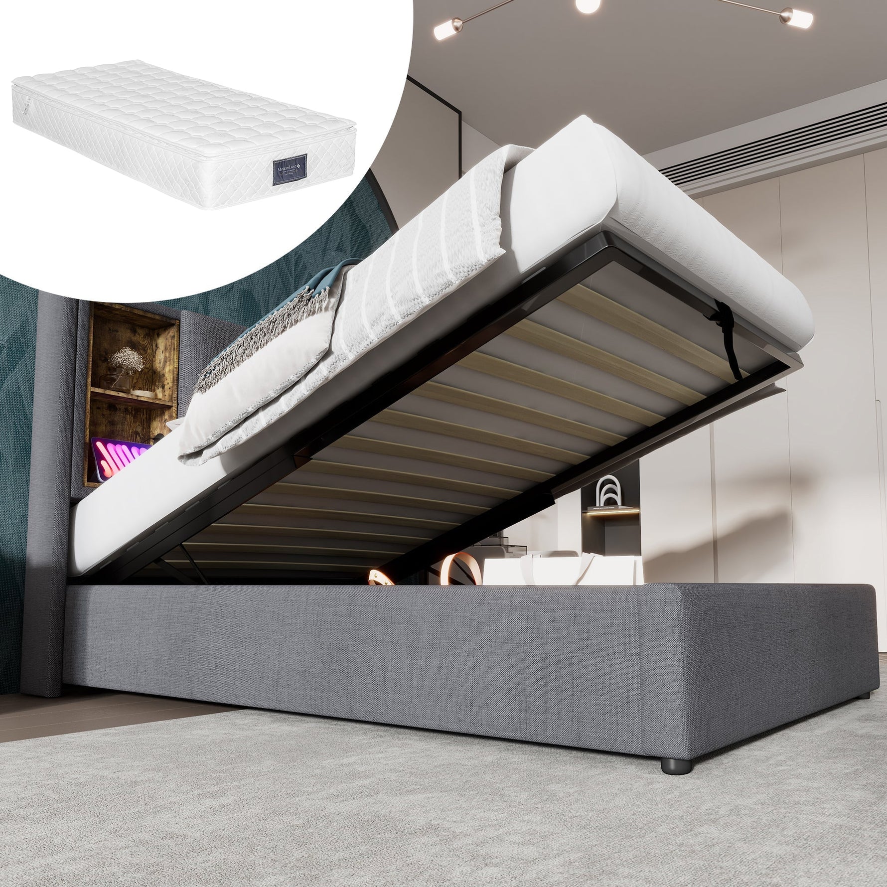 Single Bed, Wireless Charging USB C, 90x200cm with Storage, Wood-Grey Cotton