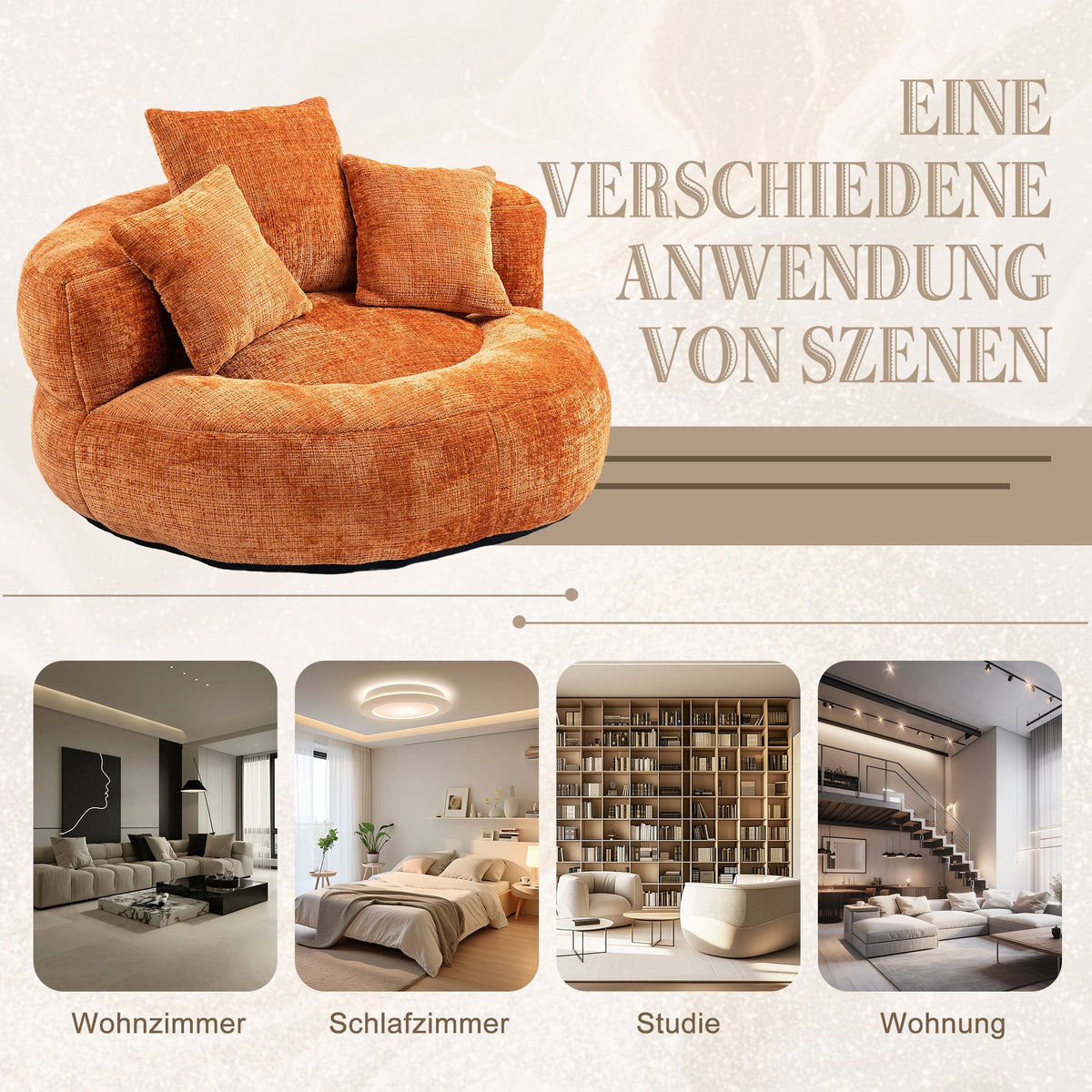 Lazy Sofa High Back Bean Bag Chair Couch, Durable Comfort Indoor/Outdoor, Orange Chenille