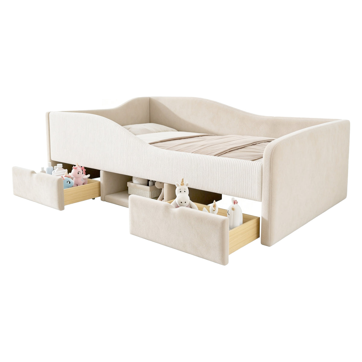 Upholstered Children's Bed 90x190 with 2 Drawers, Beige Velvet