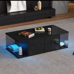 Coffee Table, Living Room Sofa Table with LED, High-Gloss, Tempered Glass, 2 Cabinets, Black Chipboard