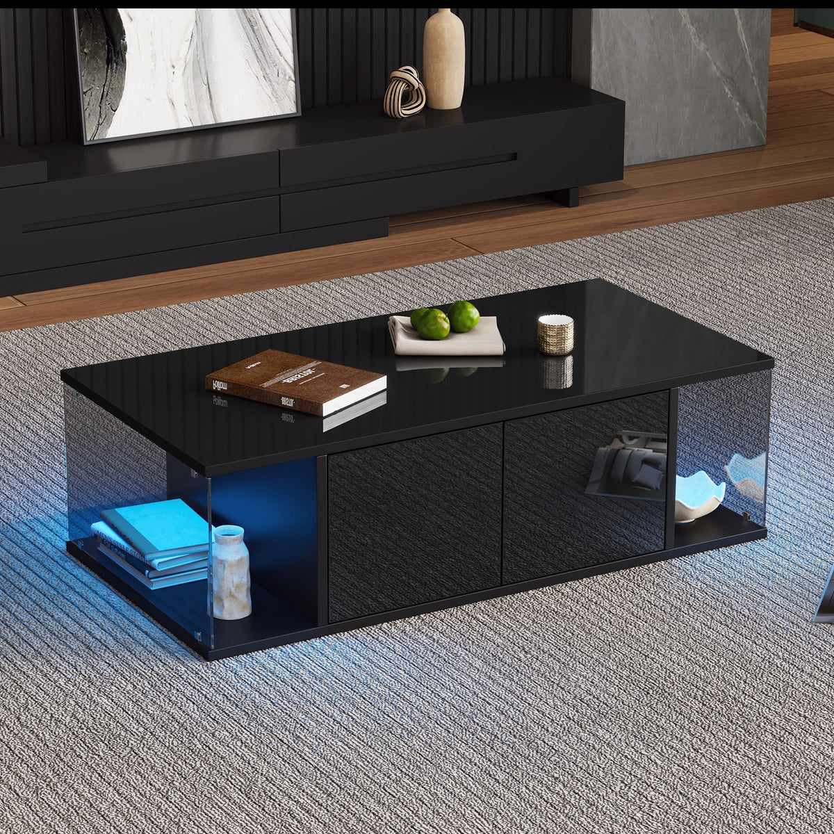 Coffee Table, Living Room Sofa Table with LED, High-Gloss, Tempered Glass, 2 Cabinets, Black Chipboard