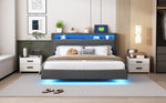 Upholstered Bed with USB Port, LED Lights, Storage Headboard (160x200cm) - Gray Linen