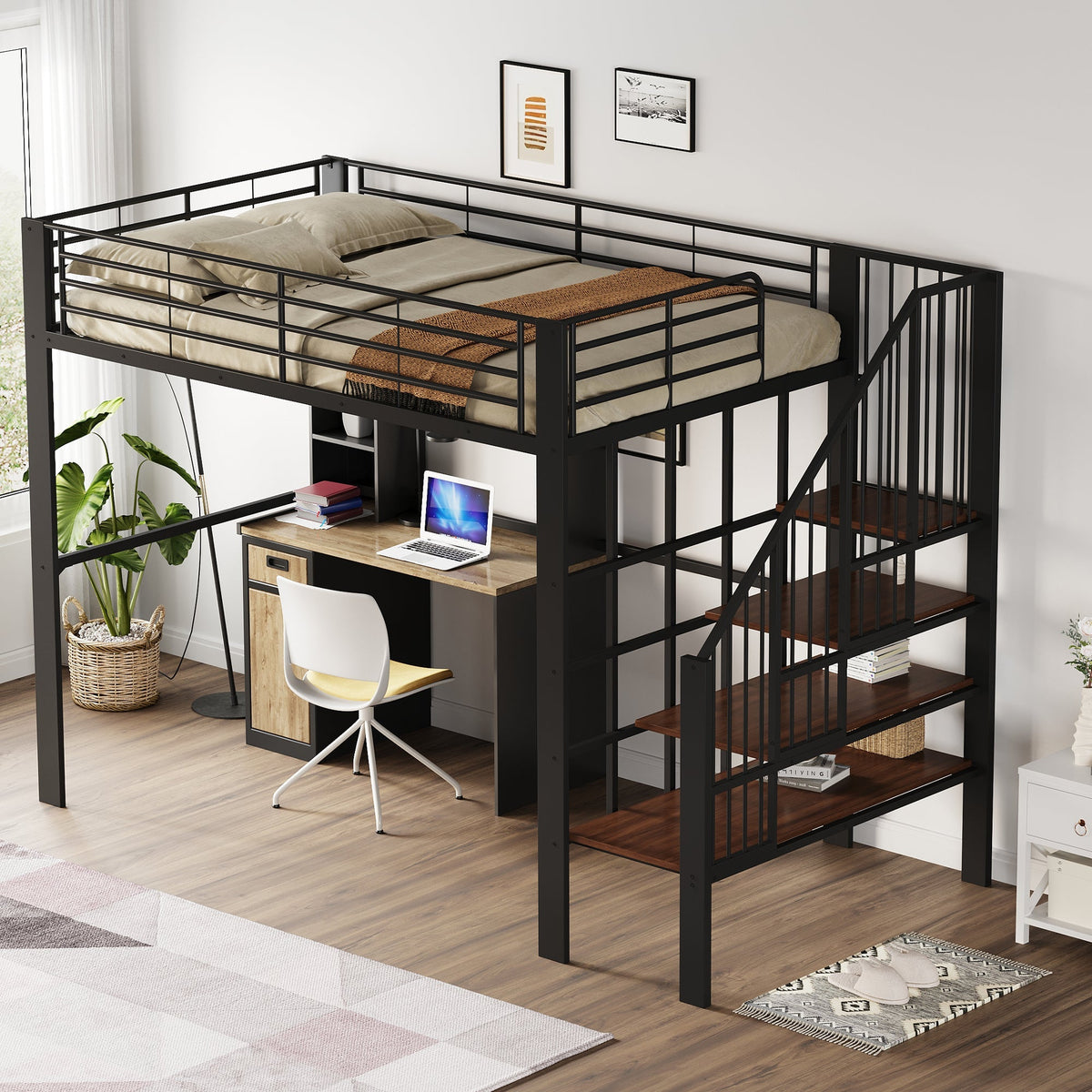 Loft Bed 140x200 Sturdy Storage Stairs, Metal
