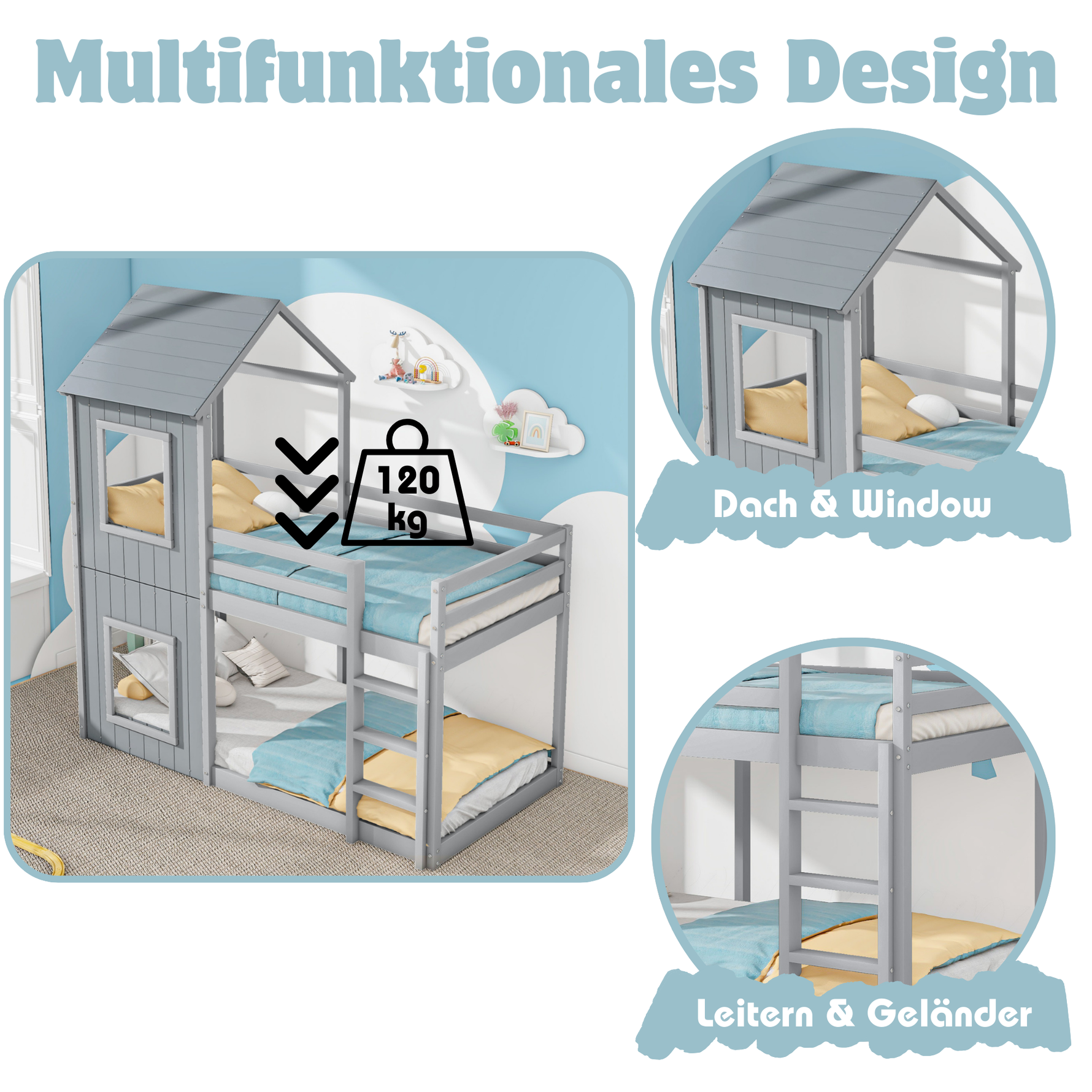 Bunk Bed 90x200cm House Bed with Ladder and Canopy Solid Wood Grey