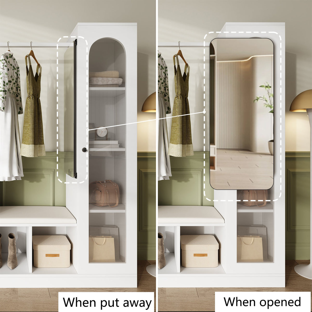 Entrance Combination, 6-in-1 Wardrobe Set, Dressing Table, Shoe Bench, Shoe Cabinet, Display Case with Color-Changing LED Light