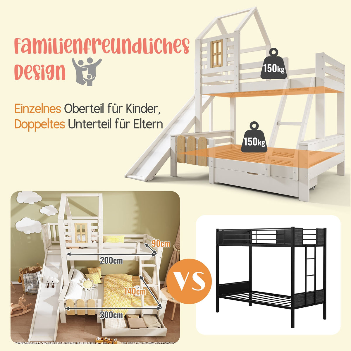 Bunk Bed, 90x200 & 140x200cm, House Loft with Drawer & Slide, Log Cabin Design