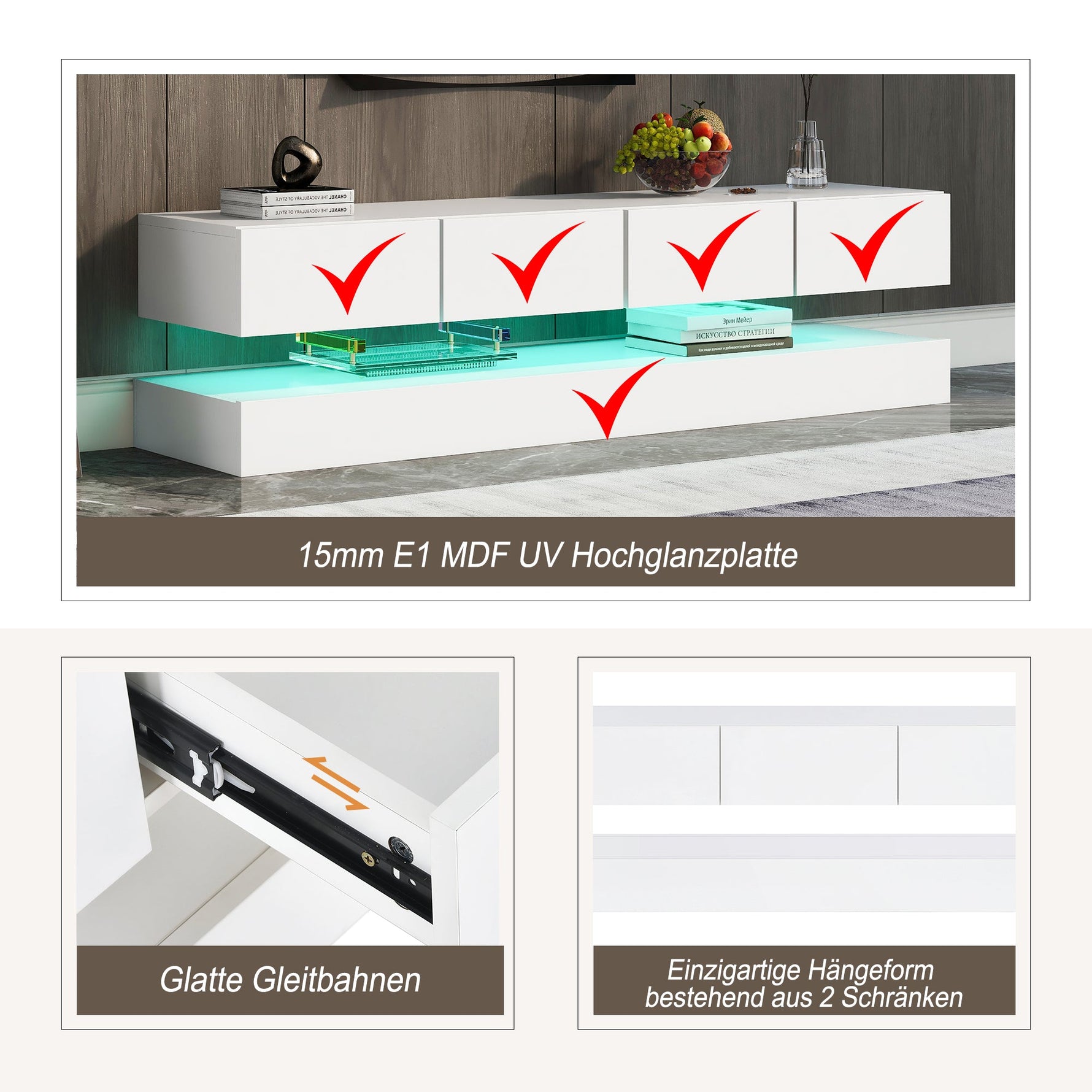 LED TV Lowboard with 2 Cabinets, 4 Drawers & 16-Color LED Lighting for up to 55-Inch TVs, White