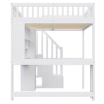Loft Bed with LED Lights, Storage Ladder, Shelves and Desk, 140x200cm, White