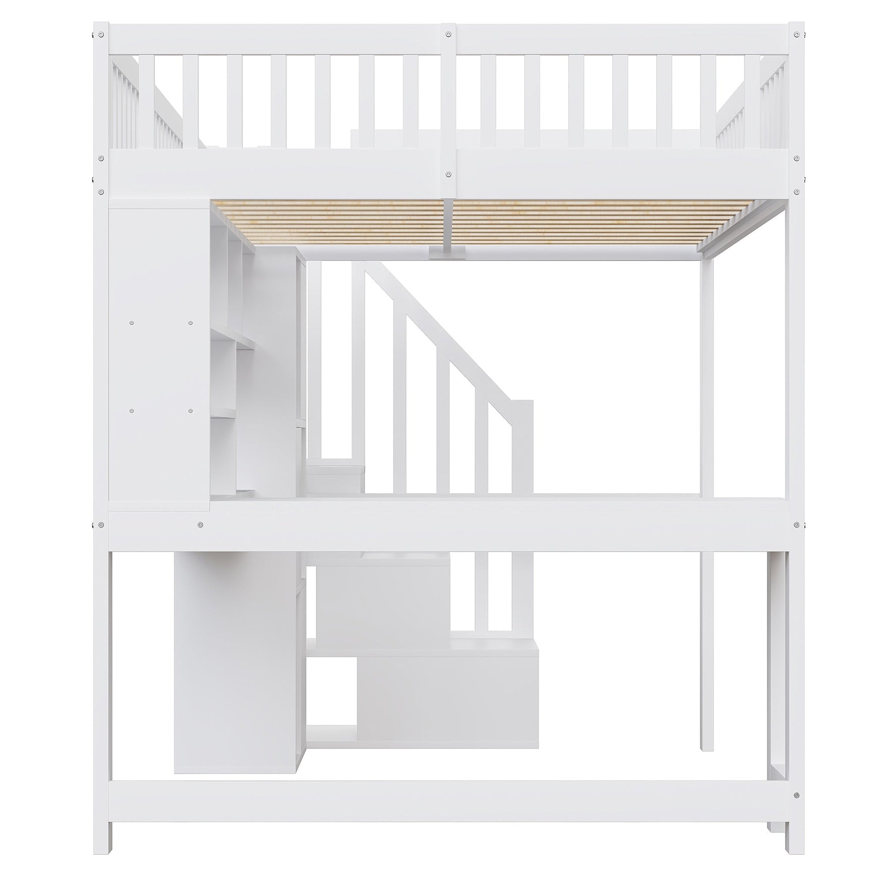 Loft Bed with LED Lights, Storage Ladder, Shelves and Desk, 140x200cm, White