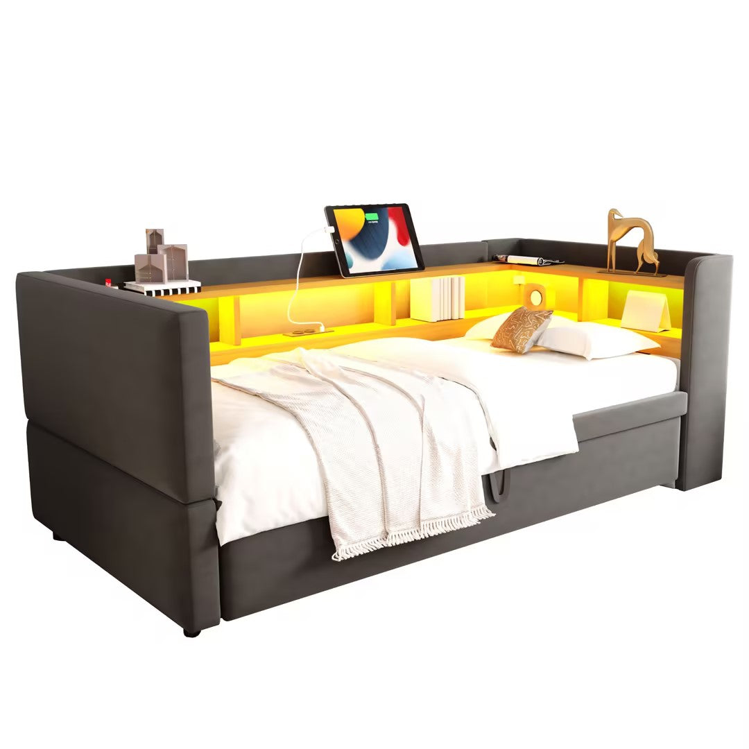 Upholstered Sofa Bed Extendable 90/180*190cm, LED Lights, Storage, Dark Grey