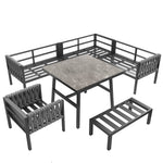Garden Furniture Set Rope Corner Sofa Adjustable Legs Tempered Glass - Grey