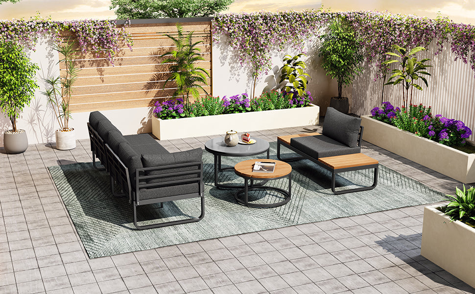 Garden Furniture Set 4-5 Seater with 2 Stackable Coffee Tables Adjustable Legs Galvanized Iron Grey