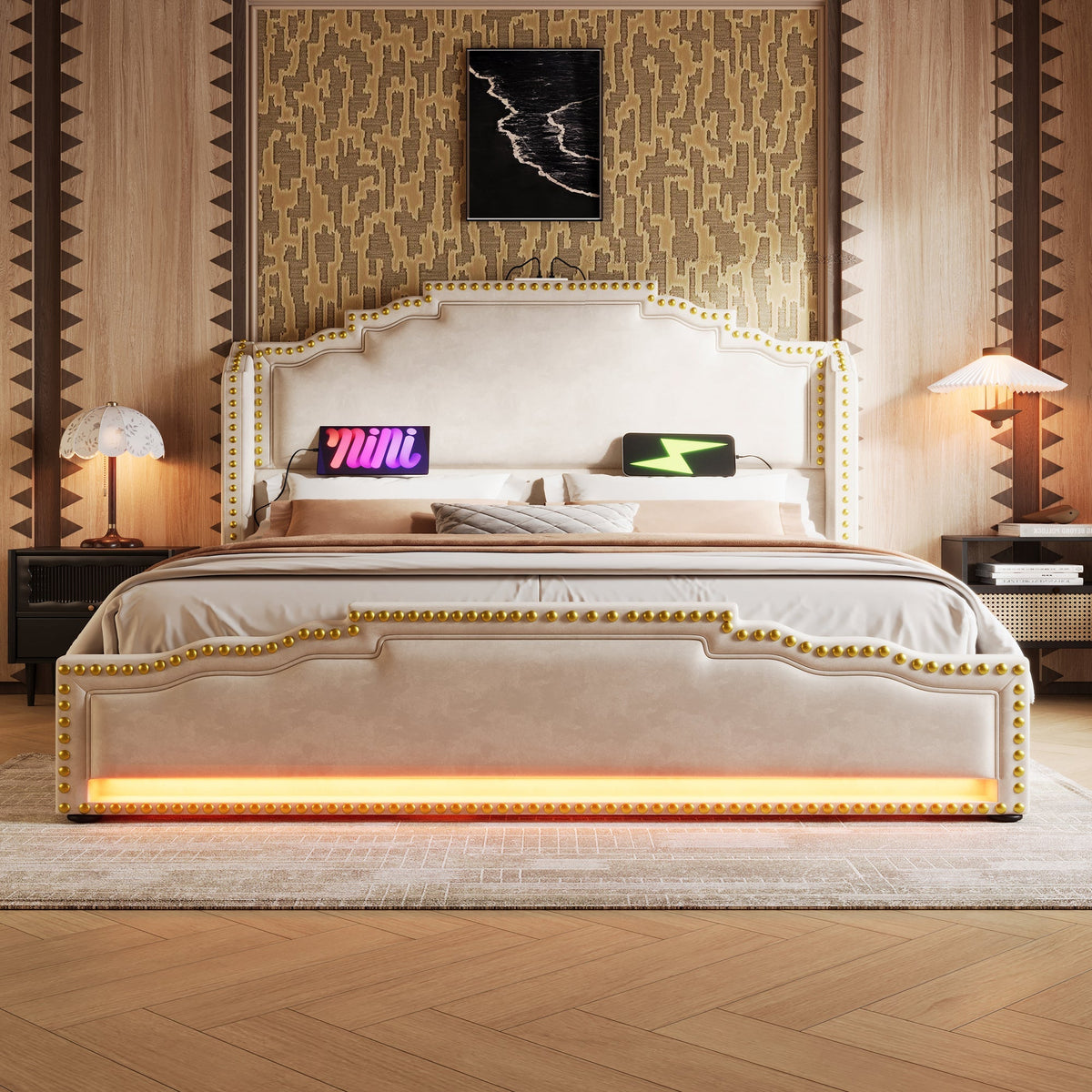 Upholstered Bed 160x200, 4 Drawers, LED, USB-C, Velvet Beige