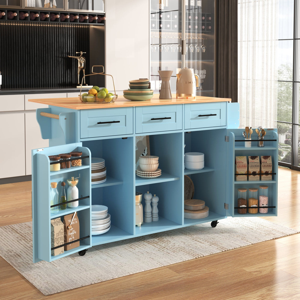 Dining Trolley Sideboard Extendable Fold-Down Worktop Storage Casters Blue/Solid Wood Grain