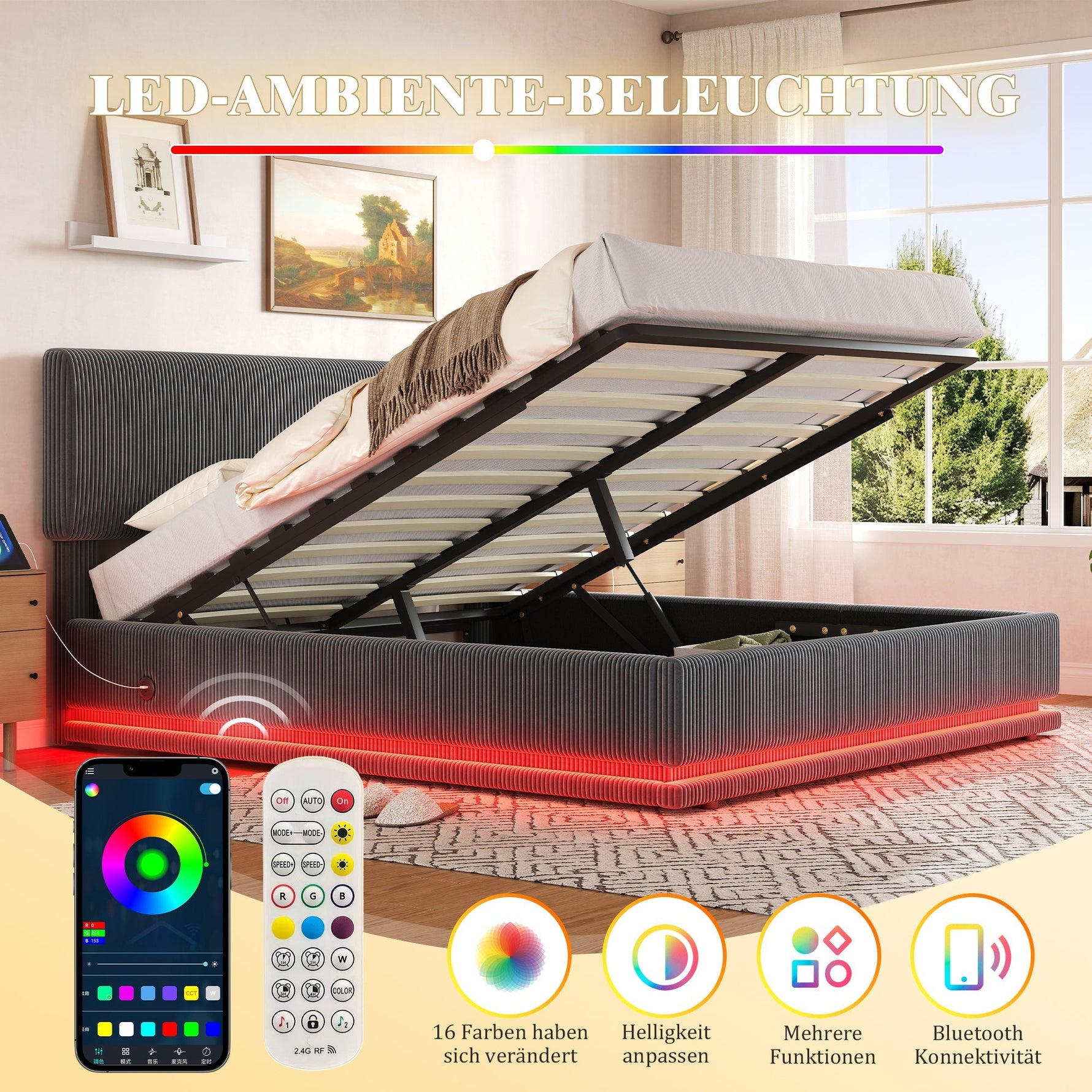 Modern Upholstered Bed with LED Lighting, USB-C and Storage, 160x200 Gray Corduroy