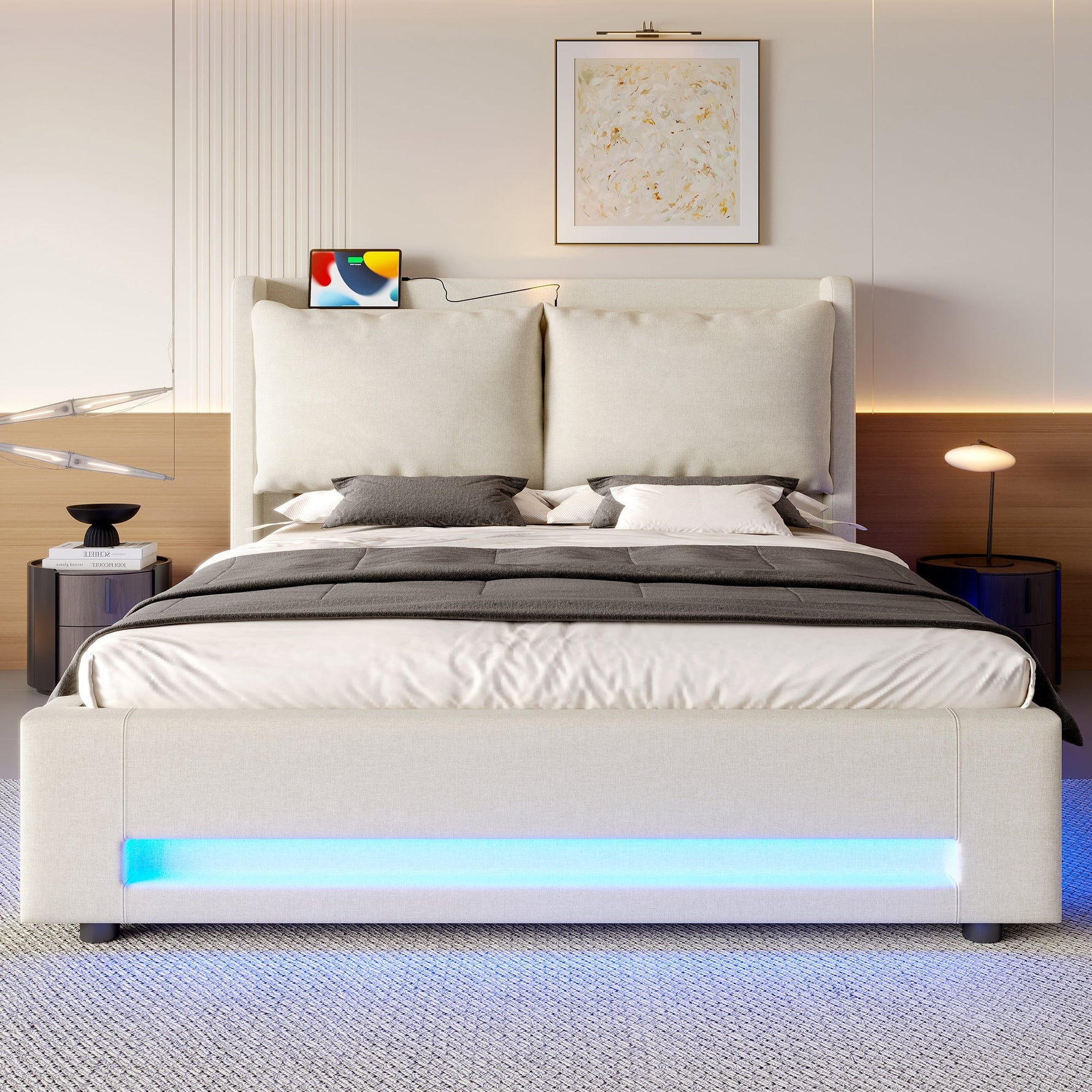 Modern Upholstered Bed with Storage, LED Light, USB-C Ports - 140x200cm