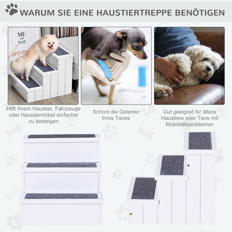 Dog Stairs, 3 Steps Pet Entry Aid with Storage, Fir Wood White