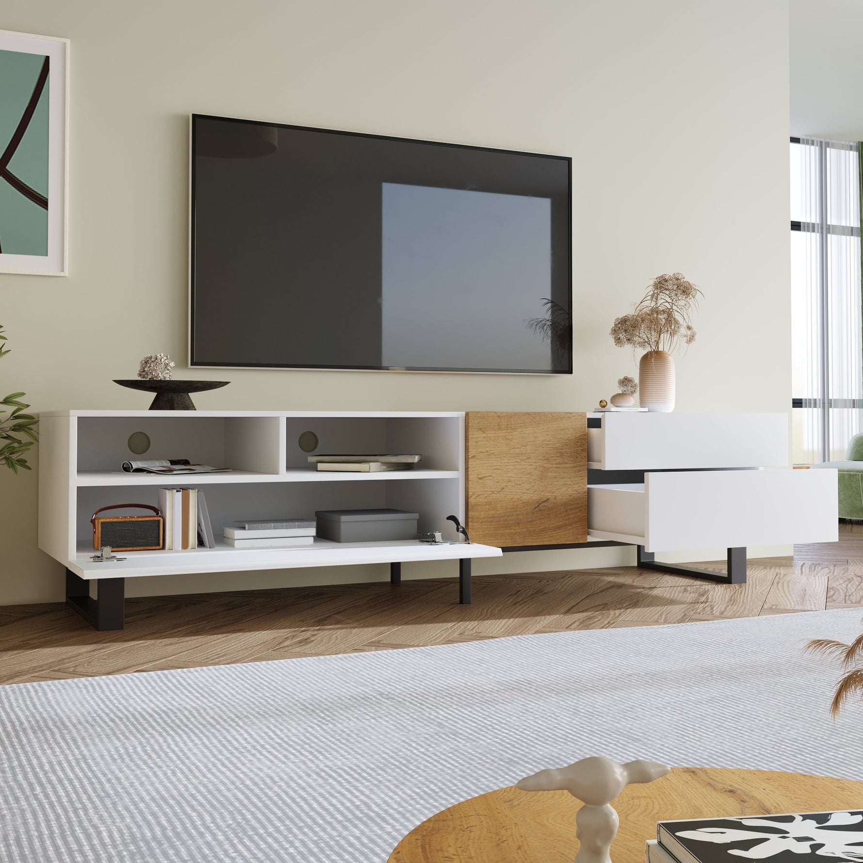 Modern TV Cabinet, Minimalist Design 180x50x38cm, White & Wood Look