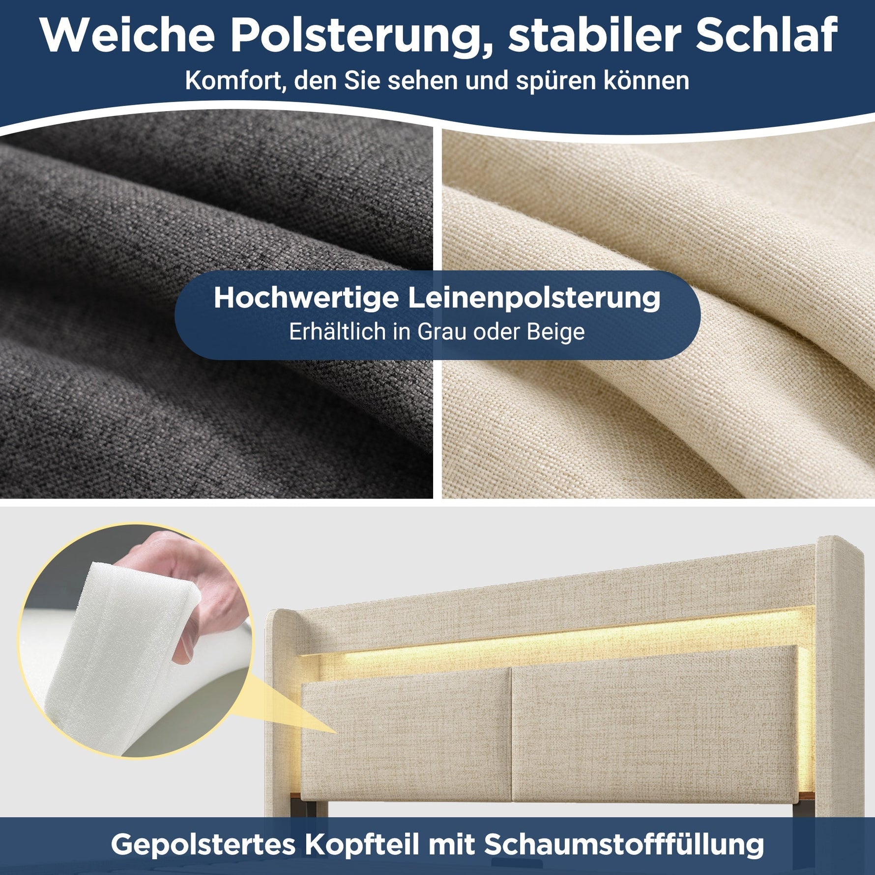 Upholstered Bed 180x200cm Hydraulic Storage LED USB/USB-C Headboard with Compartment Beige Linen