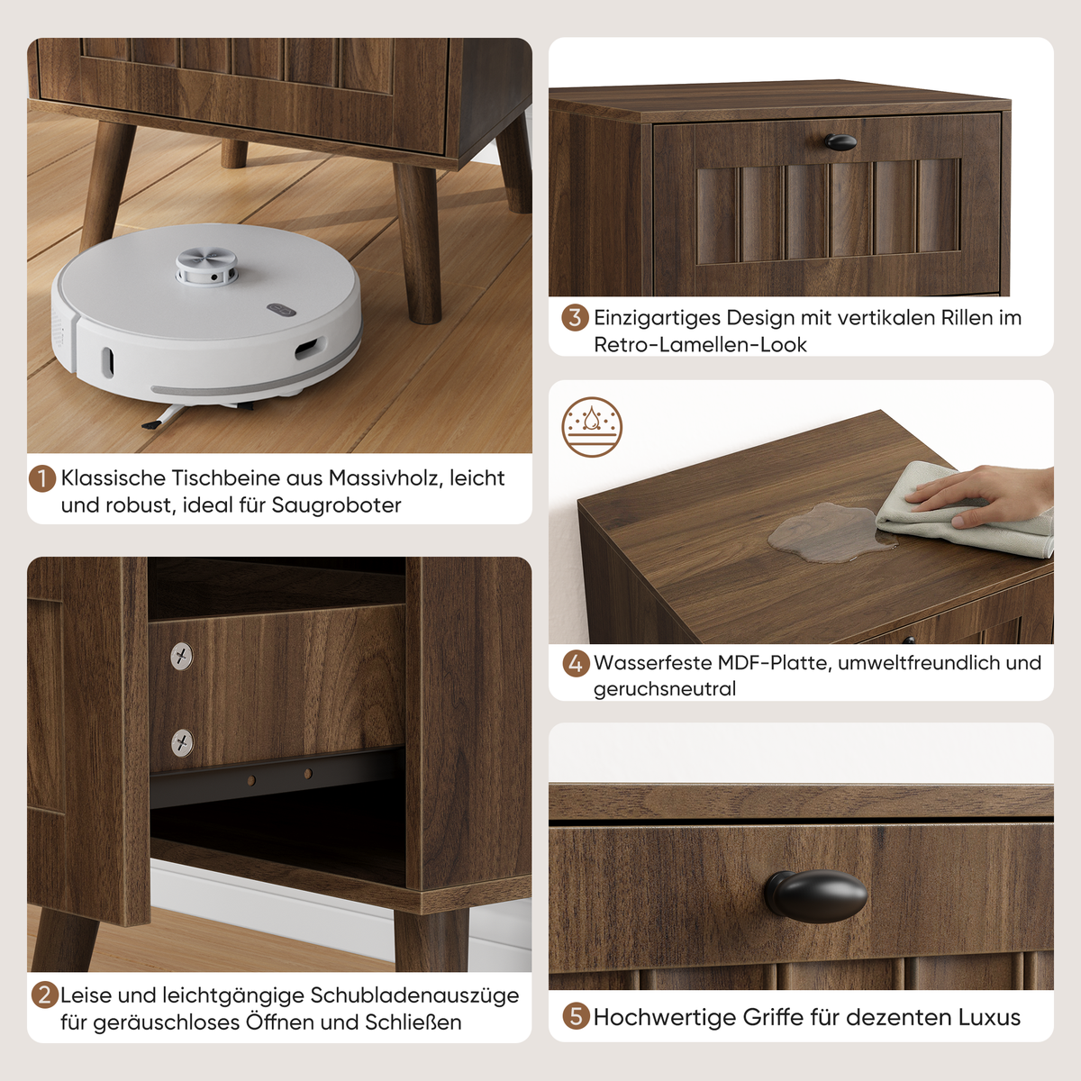 Modern Bedside Table with Two Drawers and Solid Wood Legs, 43.5 x 40 x 57.5 cm, Walnut