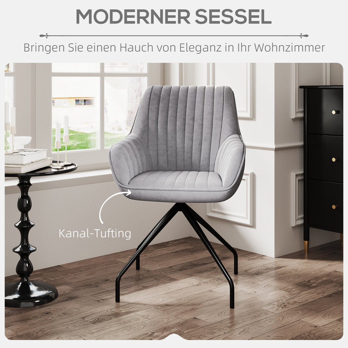Swivel Lounge Chair, Armrests Metal Legs, Dark Grey Velvet